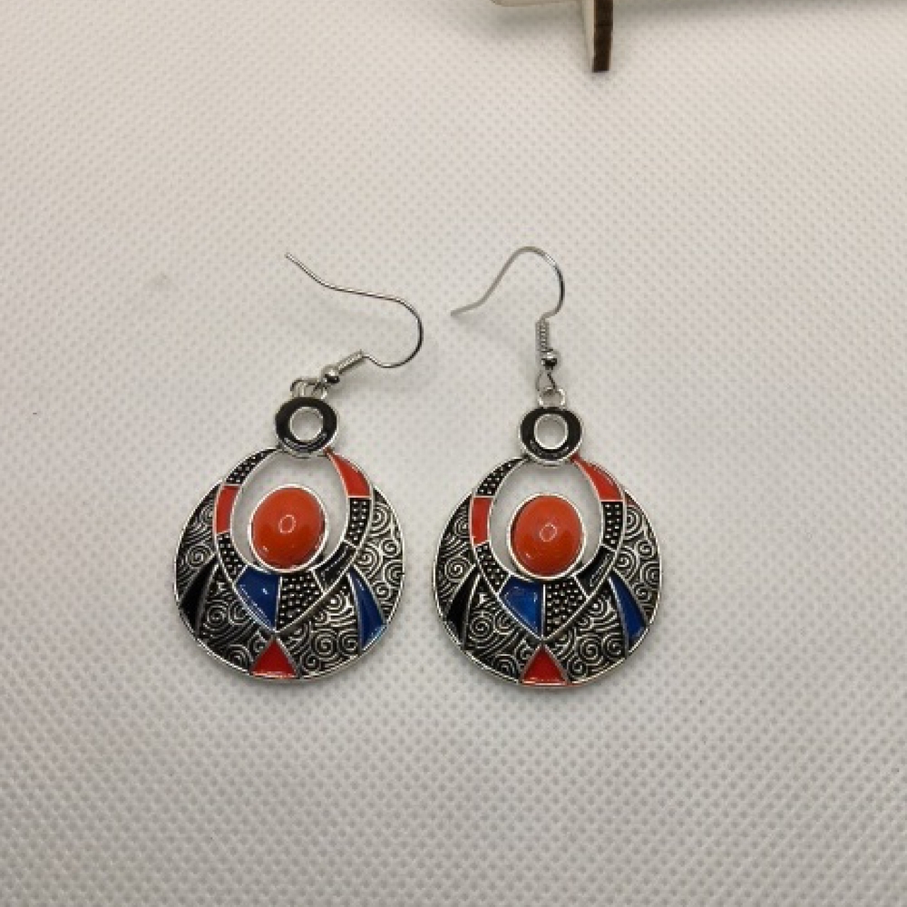 Red and‎ Blue Circular Earrings with Intricate Design